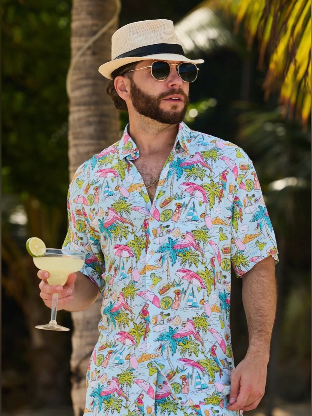 Margaritaville Kenny Flowers Men’s XL Blue Parrot Tropical Rayon Button-Up Shirt